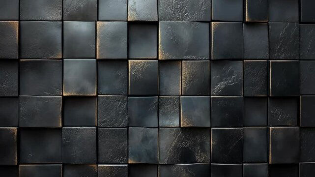 Dark, textured square tiles create a  three-dimensional, geometric pattern