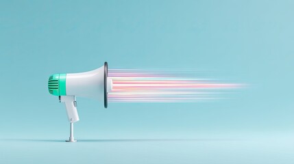 White Megaphone with Colorful Light Streaks on Light Blue Background