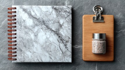 White Marble Spiral Notebook and Wooden Clipboard Mockup