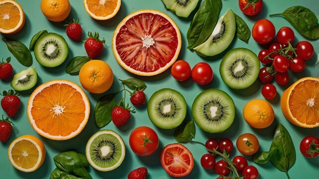 Fresh Fruit and Vegetable Mix on Light Green Background with Copy Space