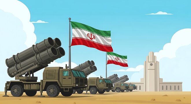 Trucks with Missile Launchers and National Flag on Desert Background