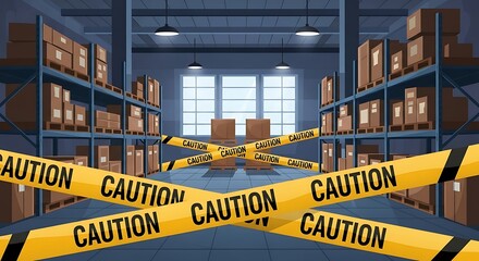 Warehouse Interior with Shelves and Boxes Restricted by Caution Tape