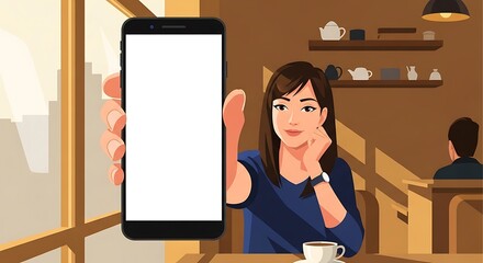Woman Holding Smartphone with Blank Screen in Cafe Setting