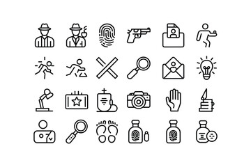Fototapeta premium Black Outline Icon Set Detective Investigation Crime Scene Clues