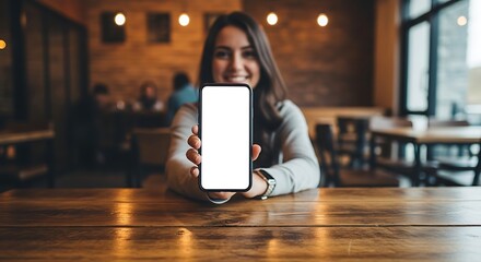 Woman Presenting Phone with Blank Screen at Cafe Table