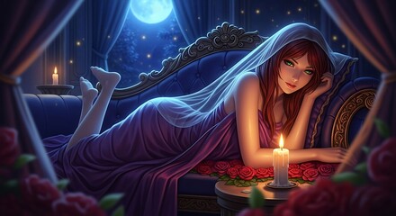 Woman Relaxing on Couch by Candlelight Under Moonlight
