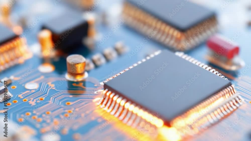 Poster Microchip Detail: Close-up view of a microchip's intricate circuitry, highlighting its golden pins and the glowing core. This image showcases the complex technology within modern electronics.