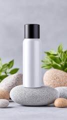 White Product Bottle on Grey Stones with Green Leaves