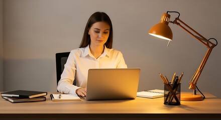 Woman Working at Desk with Laptop Under Warm Light
