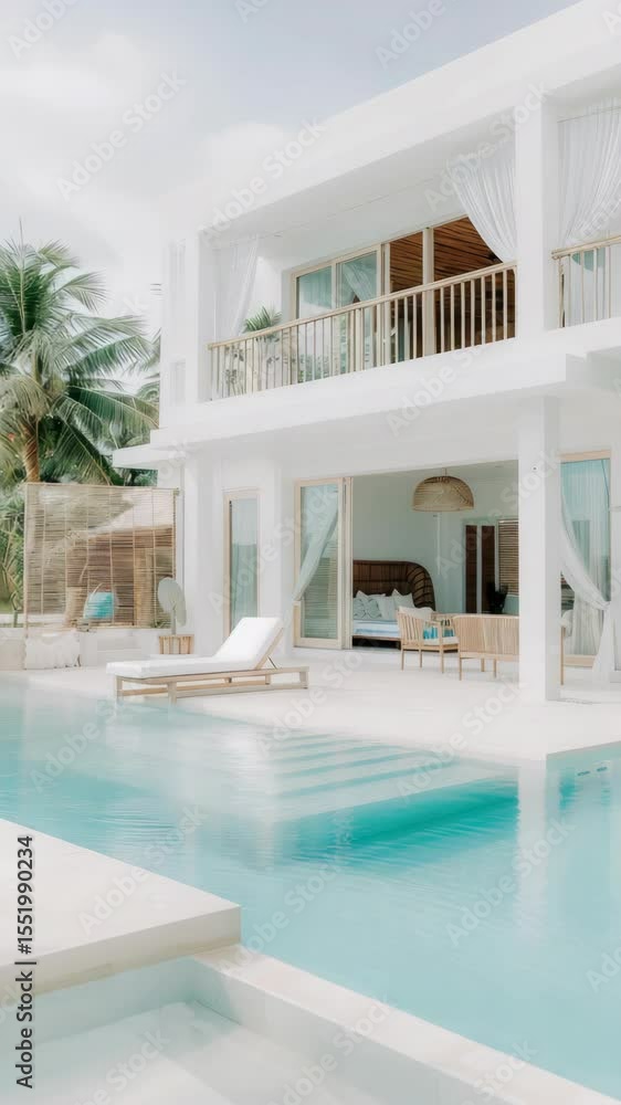 Poster elegant architecture blends with nature as sunlight reflects off a serene pool, creating a tranquil 