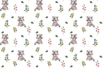 Cute raccoons in watercolor seamless pattern with forest leaves and berries for nursery print, baby products, wallpapers, and children’s fabric design © Oksi_nikitina