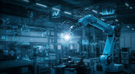 Advanced Manufacturing: Robot Arm with HUD Display in Modern Factory