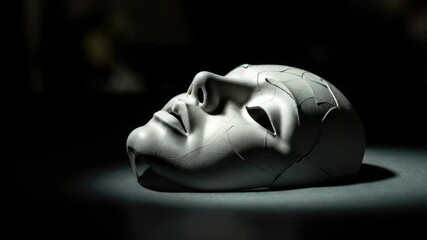 Cracked porcelain mask is lit dramatically, symbolizing vulnerability and emotion - Powered by Adobe
