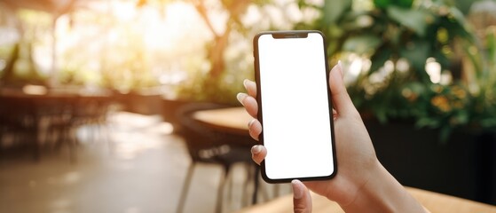 The smartphone held by a person in a vibrant outdoor cafe setting.