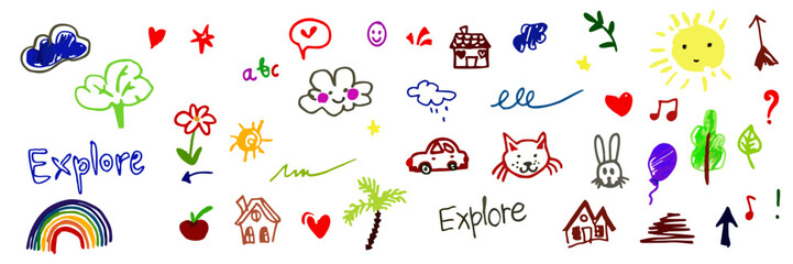 Colorful Crayon Child Doodle Set with Nature, Animals, Rainbow, Sun and House Elements on Transparent SVG Background for Educational, School, Kids and Family Projects