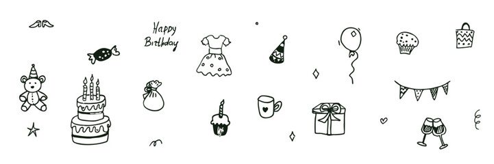 Happy Birthday and Celebration Doodle Hand Drawn Icon Set in Black Line Style on Transparent SVG Background for Invitations, Greeting Cards, Party Decor, Kids and Family Projects