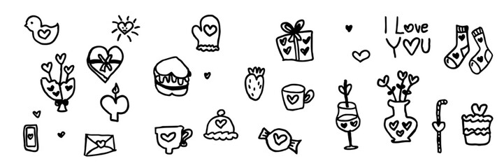 Love and Valentine's Day Doodle Hand Drawn Icon Set with Black Lines on Transparent SVG Background for Greeting Cards, Social Media, Posters, Feminine and Romantic Projects
