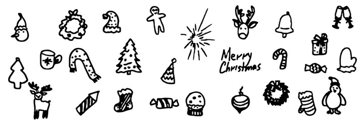 Christmas and Winter Holiday Doodle Hand Drawn Icon Set in Black Lines on Transparent SVG Background for Greeting Cards, Social Media, Invitations, Seasonal Decor