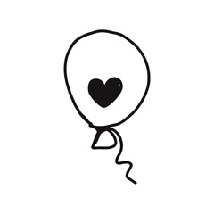 Hand Drawn Balloon with Heart in Doodle Black Line Style on Transparent SVG Background for Romantic, Celebration and Holiday Designs