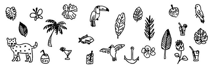 Tropical Jungle and Exotic Summer Elements Doodle Hand Drawn Icon Set in Black Lines on Transparent SVG Background for Branding, Packaging, Summer Fashion and Travel Design
