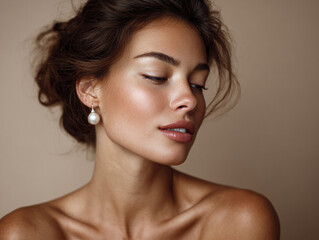 Fototapeta premium Elegant woman with pearl earrings, soft studio lighting, pastel background 