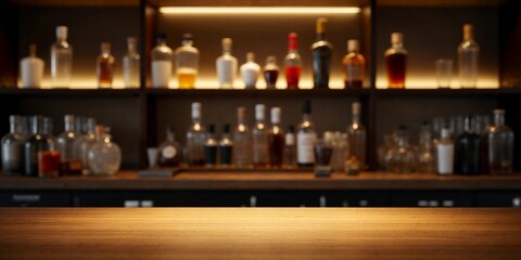 Wooden Bar Counter with Alcohol Bottles in Background