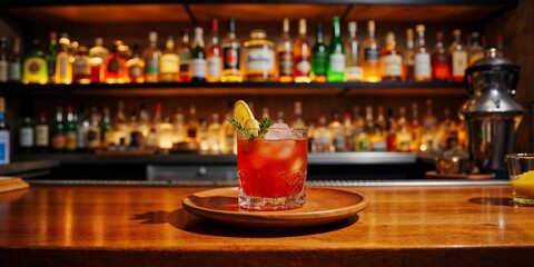 Wooden Bar Counter with Alcohol Bottles in Background