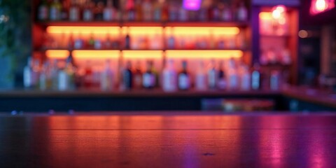 Wooden Bar Counter with Alcohol Bottles in Background
