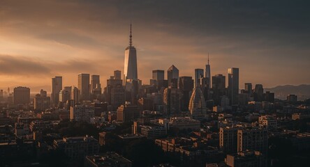 Naklejka premium Cityscape view of new york city skyline at sunset with skyscrapers and buildings in warm light