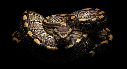 Naklejka premium Ball Python Coiled, Head-On, Showing Detailed Scales Against Black Background