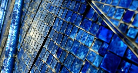 Close-up of a vibrant blue mosaic tile wall, showcasing its intricate design and reflective surface. - Powered by Adobe