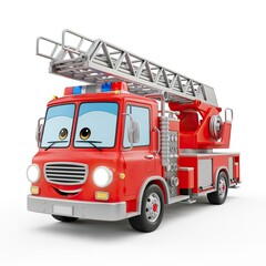 Cartoonish red fire truck with ladder, smiling face, and big eyes on a white background