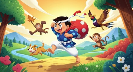 Naklejka premium Cheerful Boy Running with Friends in a Vibrant, Animated Landscape