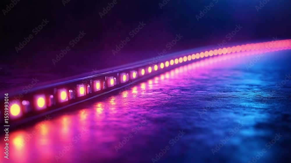 Poster glowing neon strip in the dark: a vibrant strip of neon lights curves gently, illuminating a texture