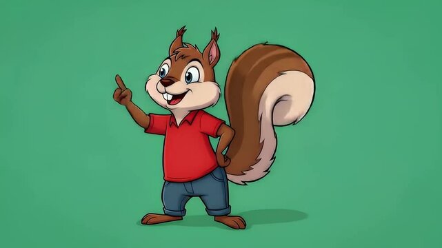 Cartoon squirrel pointing upward on green screen