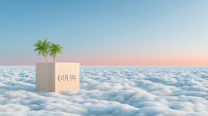 Wooden Cube with Guess Word on a Cloud Field at Sunset