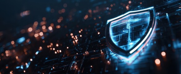 The glowing shield symbolizing digital security and technological innovation.