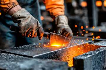 Industrial worker handling molten metal in foundry environment