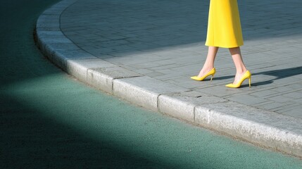 Woman in Yellow Dress Walking in City Sunlight