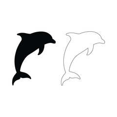 floating dolphin silhouette vector and line art on white background