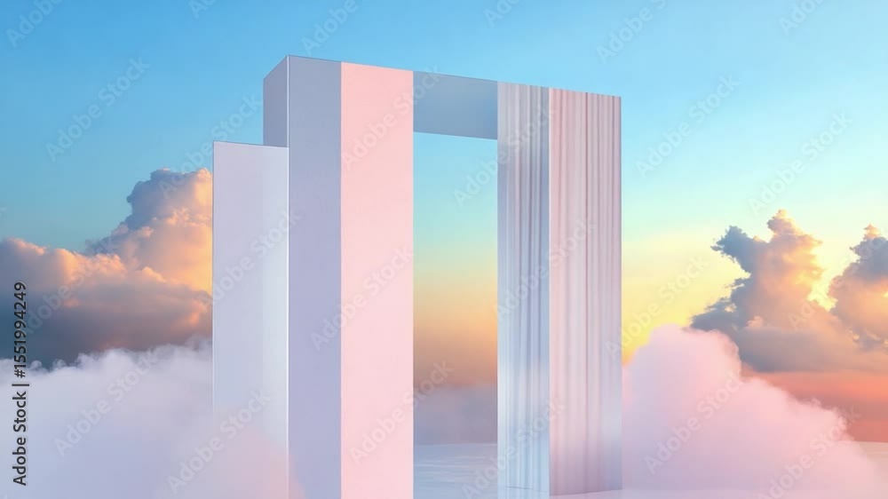 Poster Portal to the Sky: Architectural structures merge with ethereal clouds, creating a serene scene of beauty, inviting contemplation and imagination. 