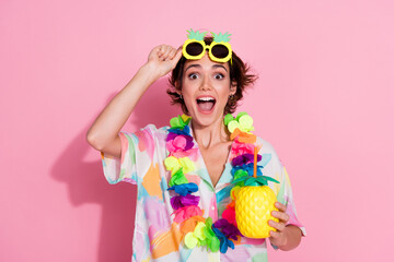 Photo of lovely young woman cocktail open mouth wear shirt isolated on pink color background