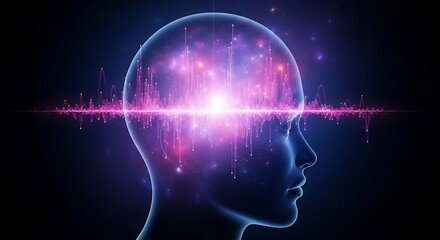 Obraz premium Silhouette of a human head with glowing brain activity and energy waves.