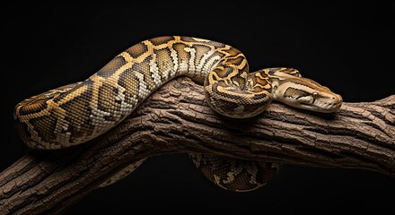 Obraz premium Magnificent Python Resting on a Textured Branch Against a Black Backdrop
