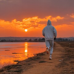 Young Man Running on Track at Sunset