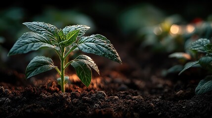 Young Plant in Sunlight Growing Seedling in Rich Soil