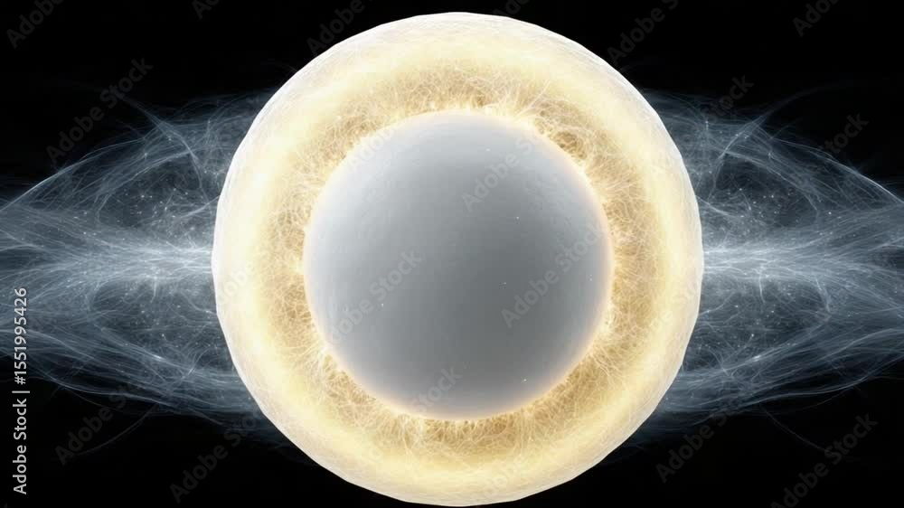 Poster Abstract Cellular Essence: A luminous abstract depiction of a cellular structure, with a central sphere radiating energy within a dynamic ethereal field.
