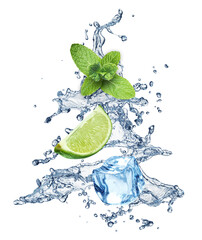 Refreshing Image of Lime, Mint, Ice Cube, and Splashing Water on White