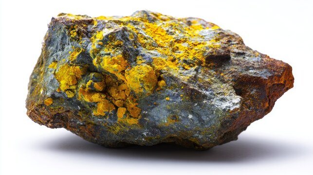 Radioactive uranium ore displayed against a white background, shown in macro as a mineral and energy source.