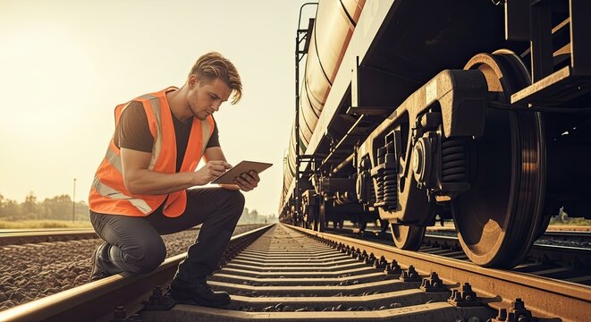 Railway inspector using tablet on tracks near train car wheels at sunset